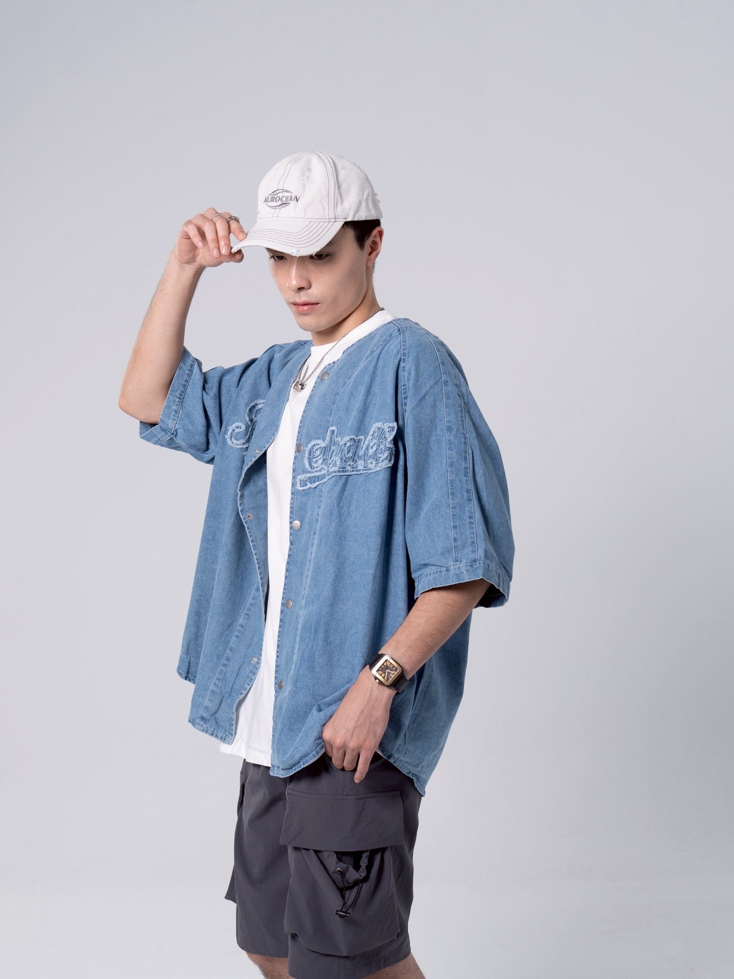 破壞文字牛仔棒球襯衫