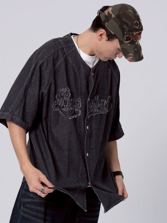 破壞文字牛仔棒球襯衫