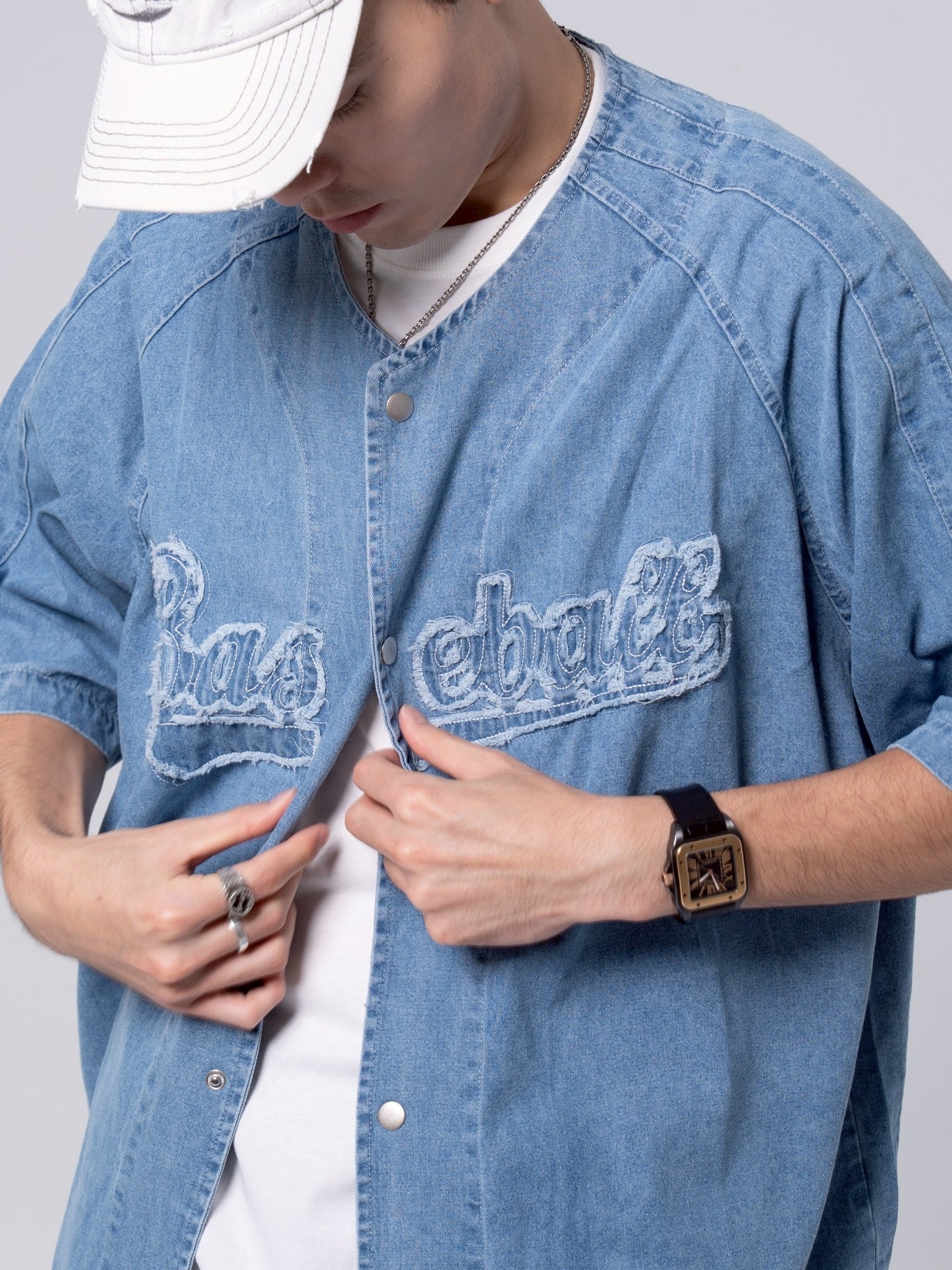 破壞文字牛仔棒球襯衫