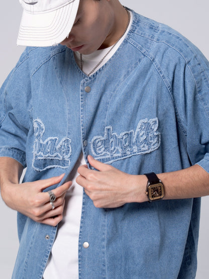 破壞文字牛仔棒球襯衫