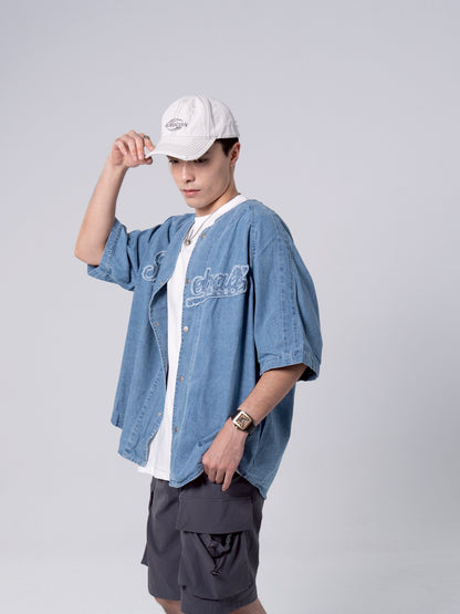 破壞文字牛仔棒球襯衫