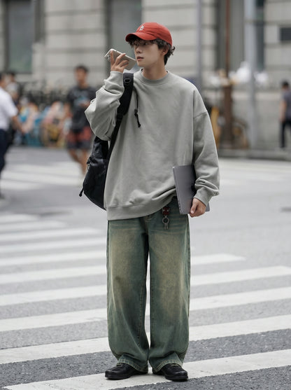 美式做舊水洗廓形牛仔褲