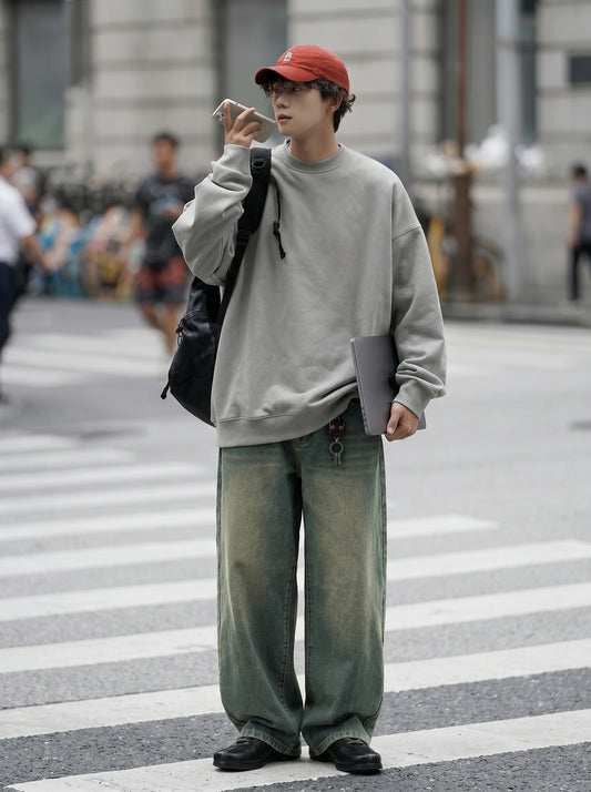 美式做舊水洗廓形牛仔褲