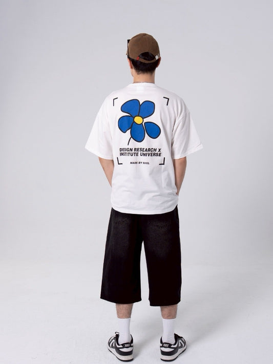 藍色花朵電繡短t